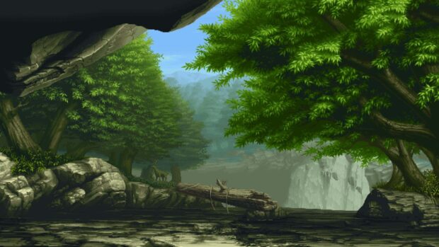 Lofi forest with dense green trees and rocks near a calm river bank