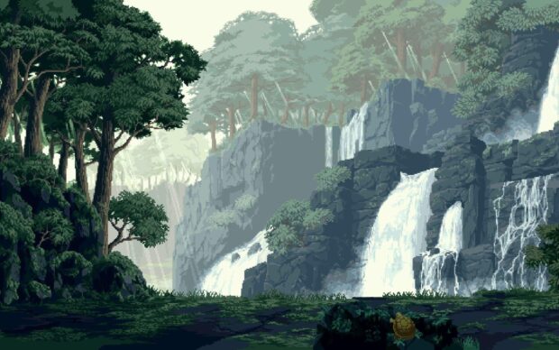 Lofi forest with pixel art style showing trees and waterfalls in a peaceful natural setting