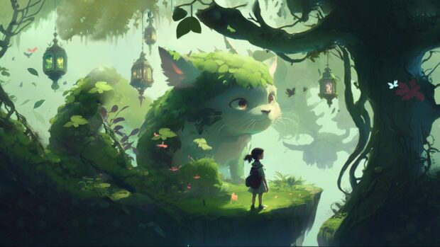 A girl standing on a cliff in a lush green forest with a large cat covered in leaves nearby