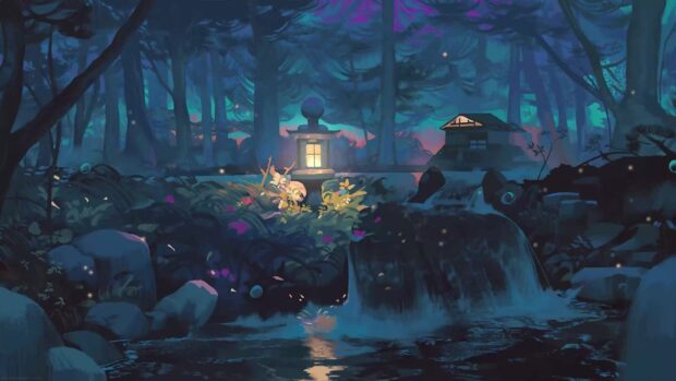 A lofi forest scene with a glowing lantern and flowing water surrounded by dense trees and plants
