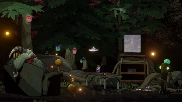 A lofi forest scene with a vintage TV and cozy chair surrounded by trees and lanterns at night