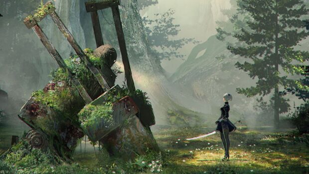 A mysterious character standing in a lush forest with a large moss covered robot figure nearby