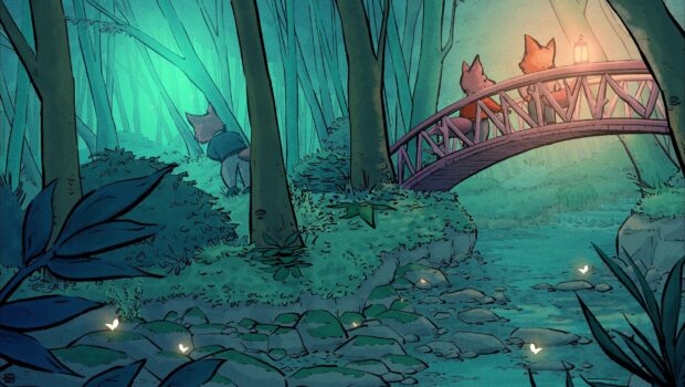 A peaceful forest scene with fox characters near a wooden bridge and glowing butterflies in the bushes