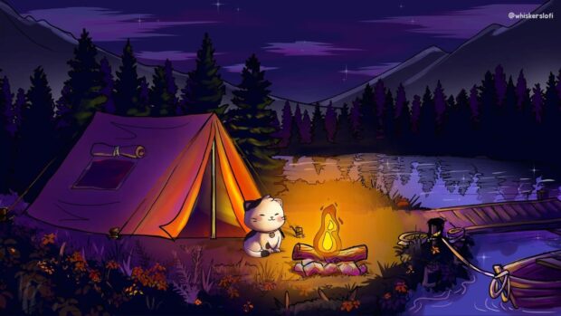 A cat sitting by the campfire near a tent in a forest at night surrounded by trees and mountains
