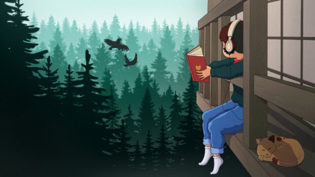 A person with headphones reading a book on a porch overlooking a lofi forest with birds flying