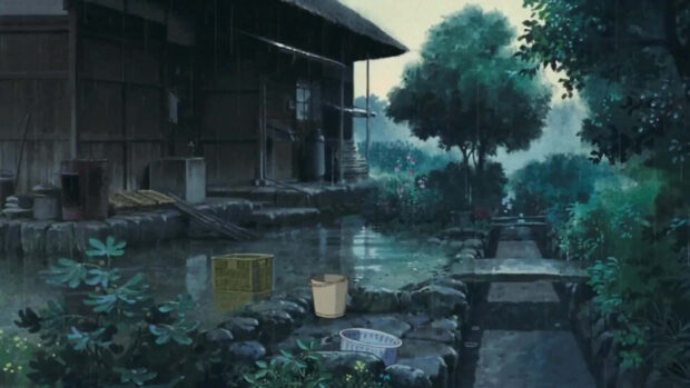 A tranquil lofi forest scene with a rustic wooden house and lush green trees in the rain