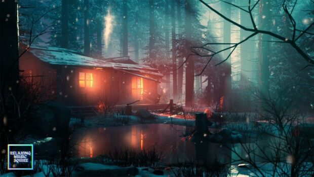 Cozy forest cabin with warm light and smoke in a snowy lo fi forest
