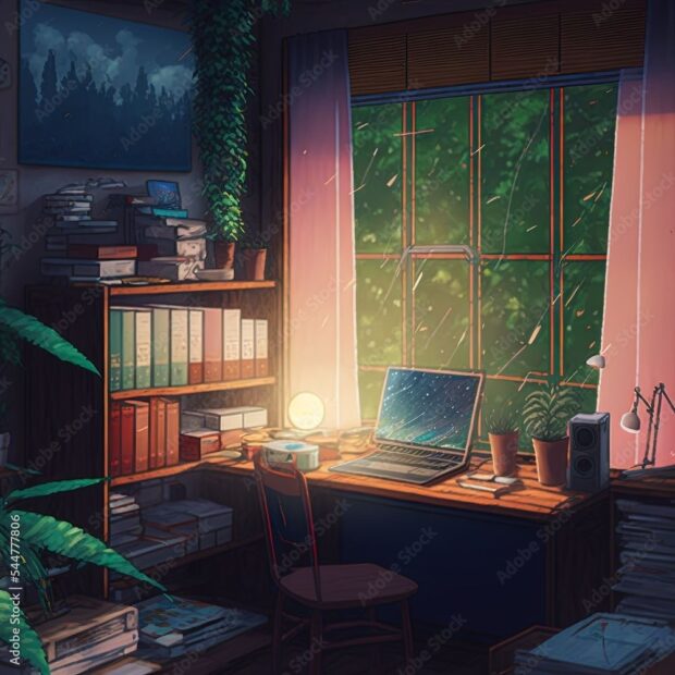Cozy lofi forest room with laptop on wooden desk and green plants by the window