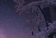 A person sitting near a warm campfire in the forest under a starry night sky