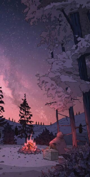 A person sitting near a warm campfire in the forest under a starry night sky