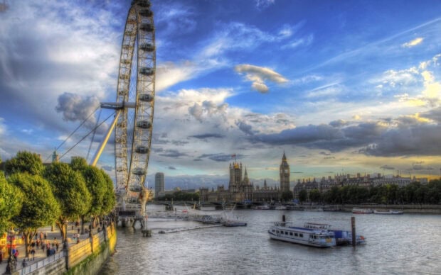 The London Eye and surrounding cityscape are seen along the River Thames under a partly cloudy sky, HD Desktop Wallpaper