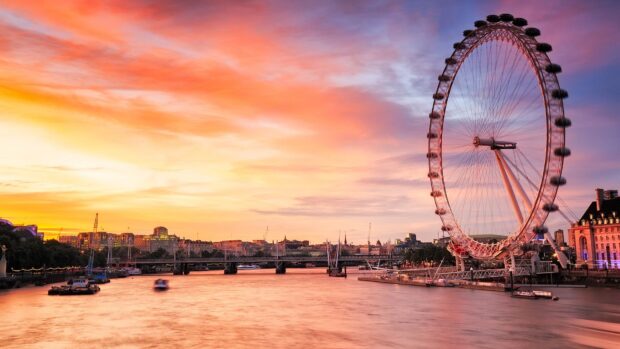 The London Eye stands tall over the River Thames against a colorful sunset sky, London Eye Wallpapers, HD Desktop Wallpaper