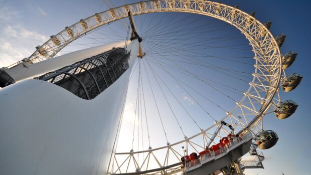 The London Eye structure is seen from below on a clear day with a blue sky, HD Desktop Wallpaper