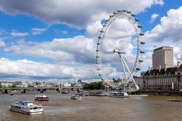 The London Eye is seen alongside the River Thames and boats on a partly cloudy day, 2K Desktop Wallpaper