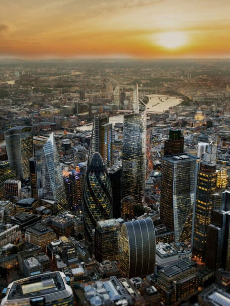 The London skyline features modern skyscrapers and the River Thames during sunset, HD Mobile Wallpaper