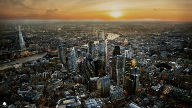 Aerial view of London city with modern skyscrapers during sunset in United Kingdom, 4K Desktop Wallpaper