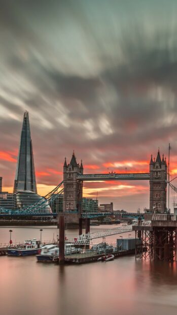 The Tower Bridge in London glows beautifully at sunset with the Shard in the background featuring United Kingdom Wallpapers, 4K Phone Wallpaper