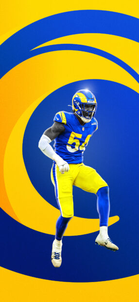 A Los Angeles Rams player in full gear jumps with the team logo spiraling behind him, HD Phone Wallpaper