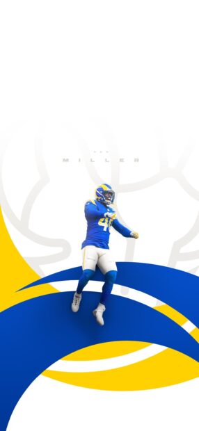 A Los Angeles Rams player in blue and yellow uniform leaps in front of the team logo, 2K Phone Wallpaper