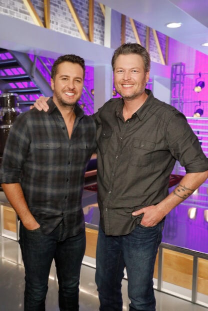 Luke Bryan with a friend smiling inside a studio setting, 2K Mobile Wallpaper