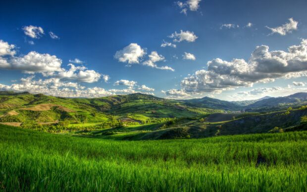 This serene landscape features green hills with lush grass under a bright blue sky, Green Hills Wallpapers, HD Desktop Wallpaper