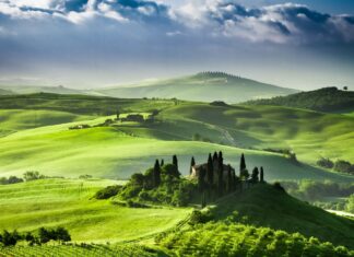A scenic view of green hills surrounded by trees and rural houses at dawn, 2K Desktop Wallpaper