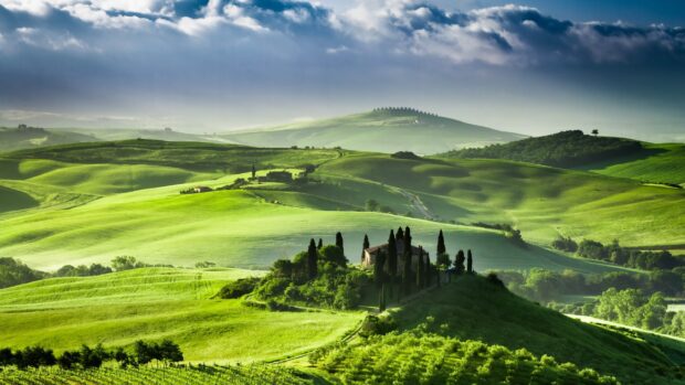 A scenic view of green hills surrounded by trees and rural houses at dawn, 2K Desktop Wallpaper