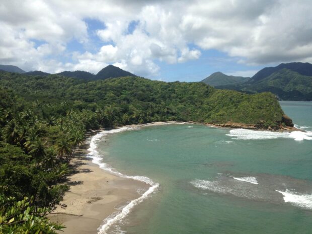 The lush tropical coastline features green hills and a sandy beach on Dominica Island, HD Desktop Wallpaper