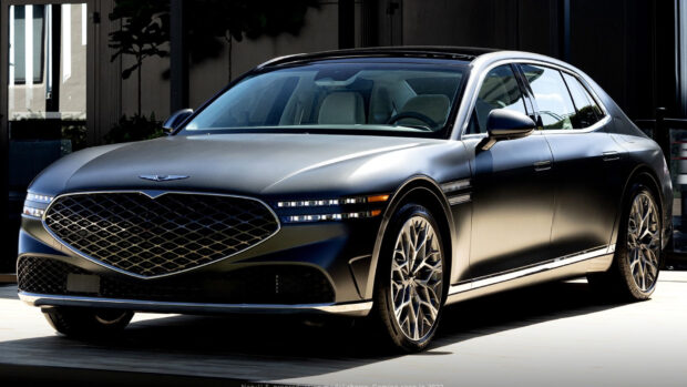 A luxury Genesis car is parked outside a building showcasing its sleek design, Genesis Wallpapers, HD Desktop Wallpaper