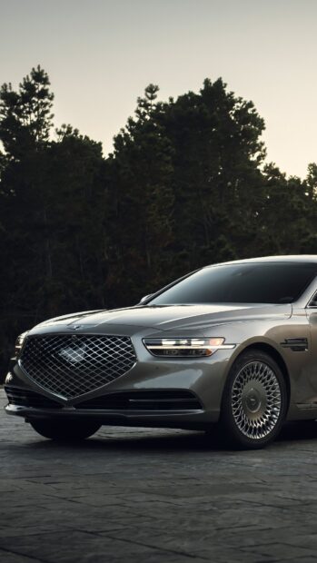 A luxury Genesis car is parked near trees at dusk in this detailed scene, 4K Phone Wallpaper