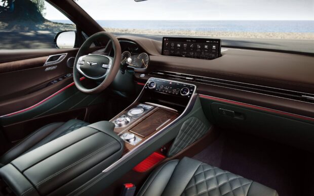 The luxury Genesis interior features a modern dashboard and premium leather seats, HD Desktop Wallpaper