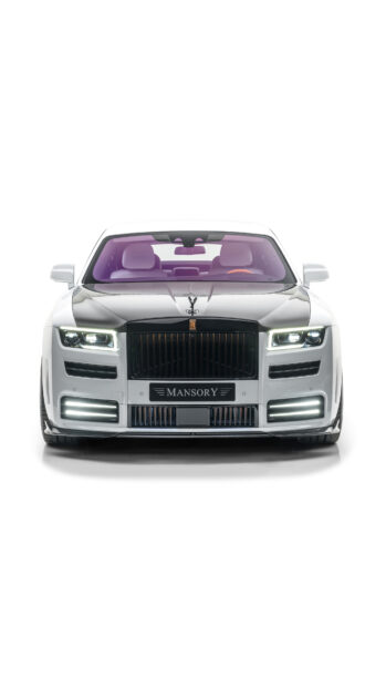A luxury Rolls Royce Ghost car with modern headlight design is shown from the front, 4K Mobile Wallpaper
