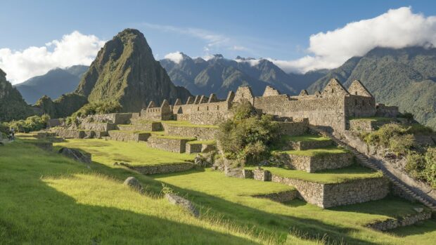 Ancient Machu Picchu ruins surrounded by green grass and mountains under a clear sky