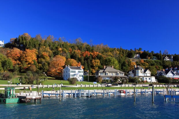The peaceful waterfront with autumn trees showcases Mackinac Island wallpapers perfectly, HD Desktop Wallpaper