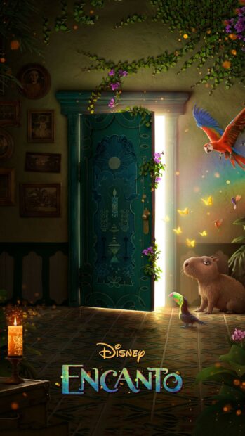 A magical door with glowing light and animals from Encanto, 2K Mobile Wallpaper