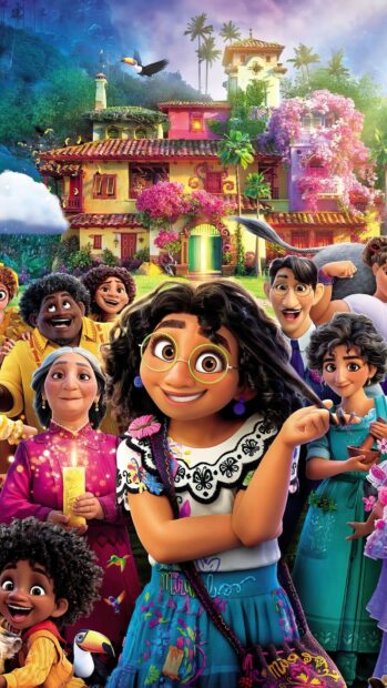 The magical Encanto family gathers happily in front of their vibrant home, HD Phone Wallpaper