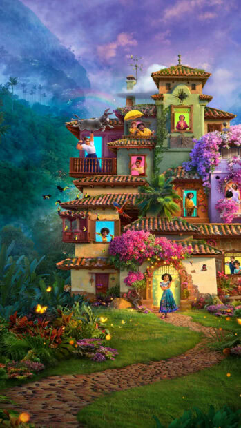 The magical house is surrounded by vibrant flowers and greenery in Encanto Wallpapers, HD Mobile Wallpaper