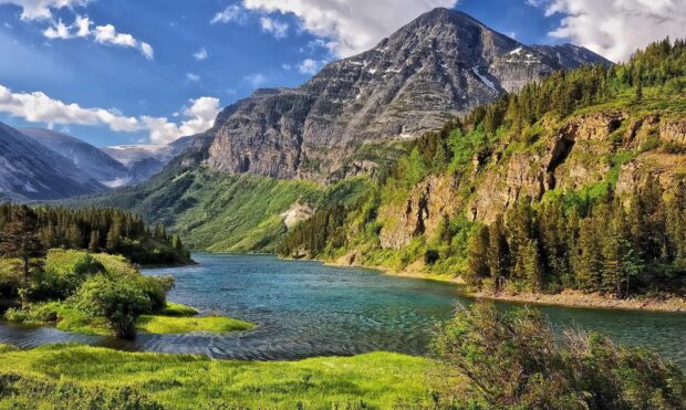 A river flows through lush greenery beneath the towering Montana mountain, HD Desktop Wallpaper
