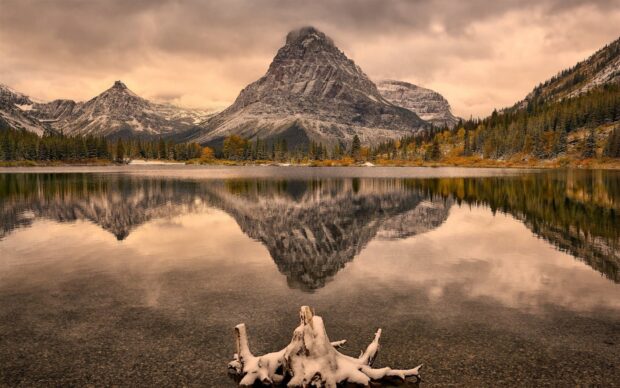 A majestic Montana mountain peak reflects clearly in the calm lake water at sunset, HD Desktop Wallpaper