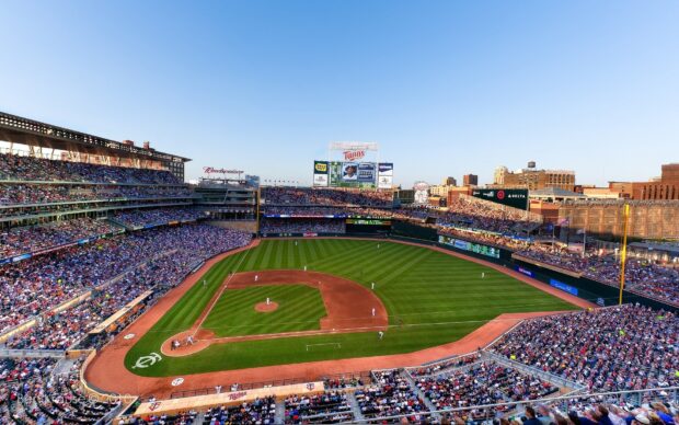 The stadium is filled with fans watching a Major League Baseball game at Target Field, HD Desktop Wallpaper