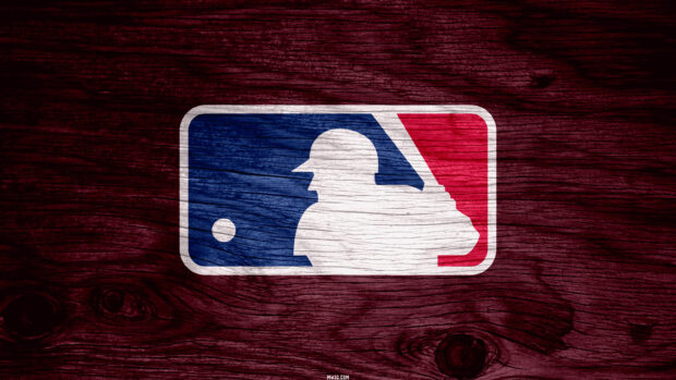 The image shows a Major League Baseball logo on a textured wooden background with red and blue colors, 2K Desktop Wallpaper