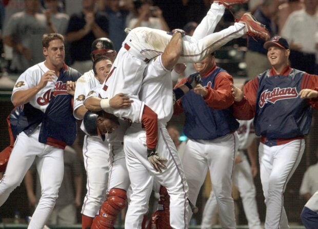 Players celebrating a Major League Baseball victory in full uniform, HD Desktop Wallpaper