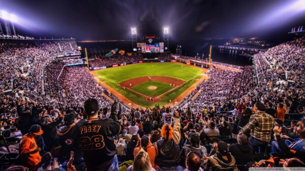 A large crowd enjoys the Major League Baseball game under bright lights, HD Desktop Wallpaper