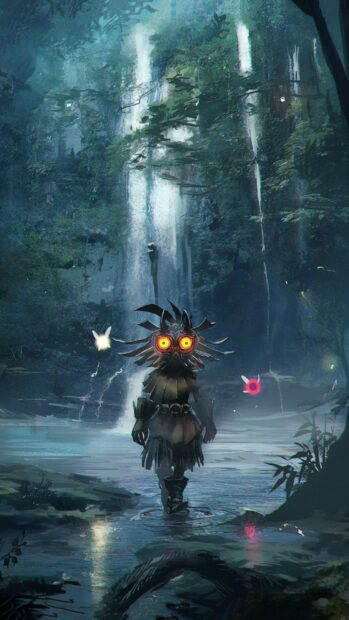 A character wearing Majora's Mask walks through a serene forest with glowing fairies near a waterfall, 2K Phone Wallpaper