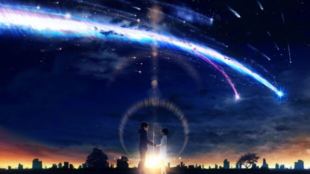 Two characters holding hands under a vibrant night sky with glowing comet trails and city silhouette