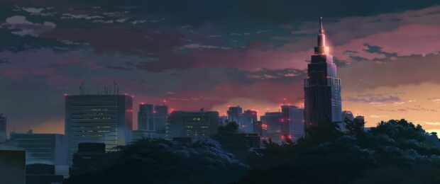 Cityscape at dusk with skyscrapers and glowing red lights in Makoto Shinkai style