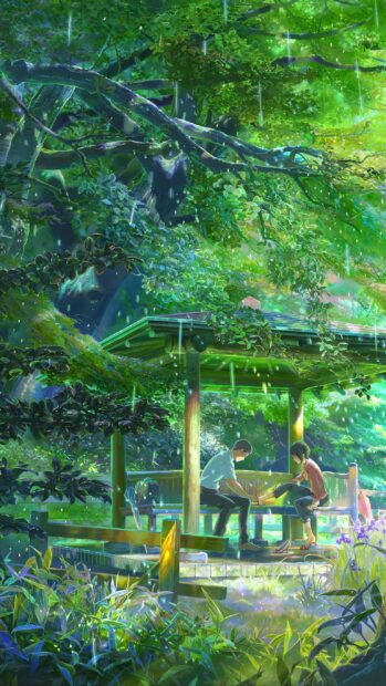 A serene scene of nature with two people resting under a wooden pavilion in a lush forest