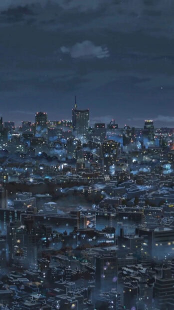 Nighttime cityscape with glowing lights in Makoto Shinkai style