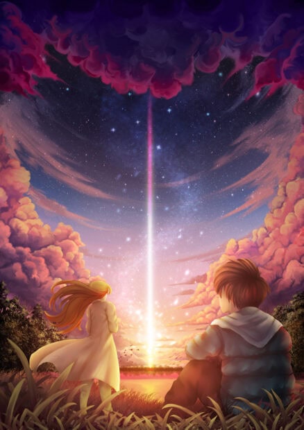 A girl in a white coat and a boy sitting on grass watch a bright light beam in a starry sky