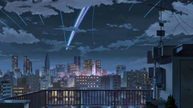 A city skyline at night with bright meteor streaks across the sky in a Makoto Shinkai scene